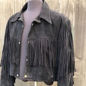 Leather suede fringe jacket black large